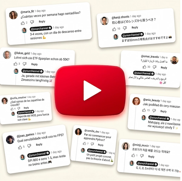 Логотип YouTube в окружении карточек с комментариями