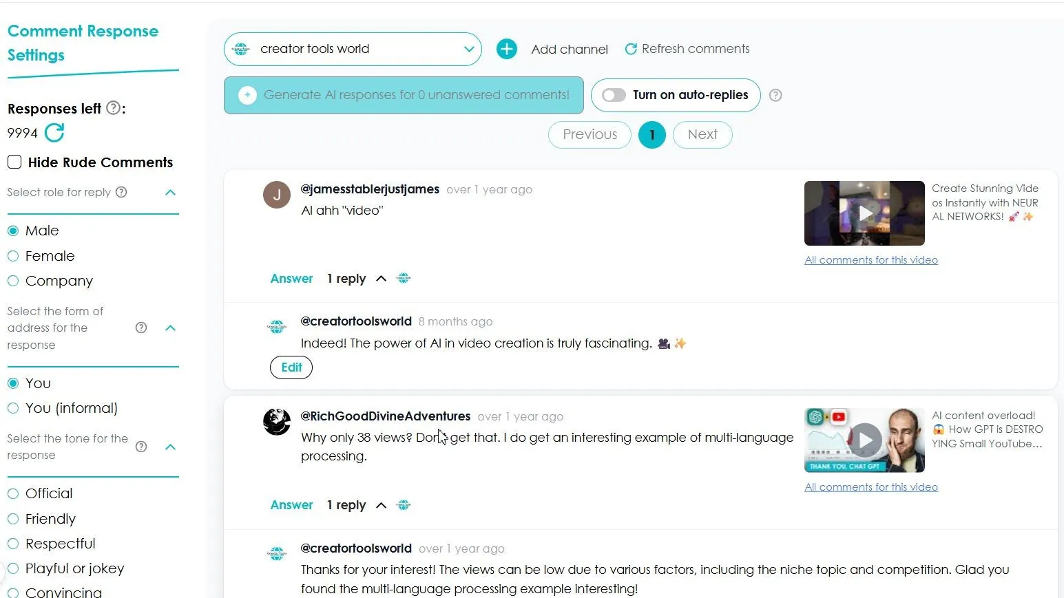 Creator Tools comment reply screen: reply role, form of address and tone settings next to YouTube comments and their AI replies