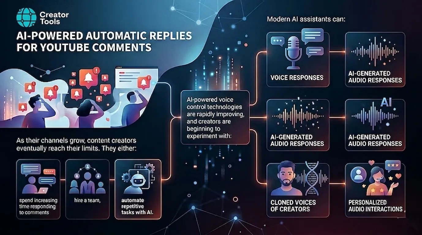 Infographic: voice replies to comments — AI-generated audio responses, cloned creator voices and personalized audio