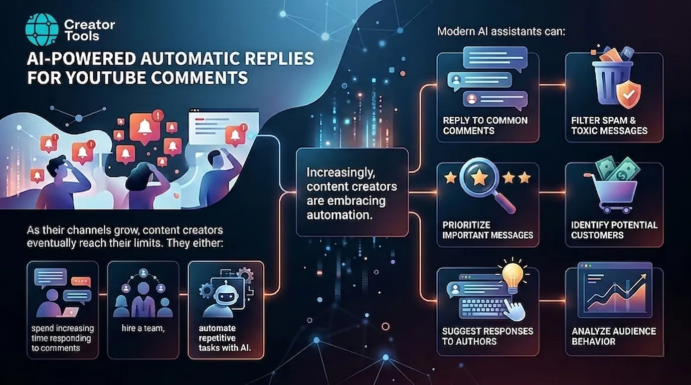 Infographic: what modern AI assistants do with YouTube comments — reply to common comments, filter spam, prioritize messages, spot customers, suggest replies and analyze the audience