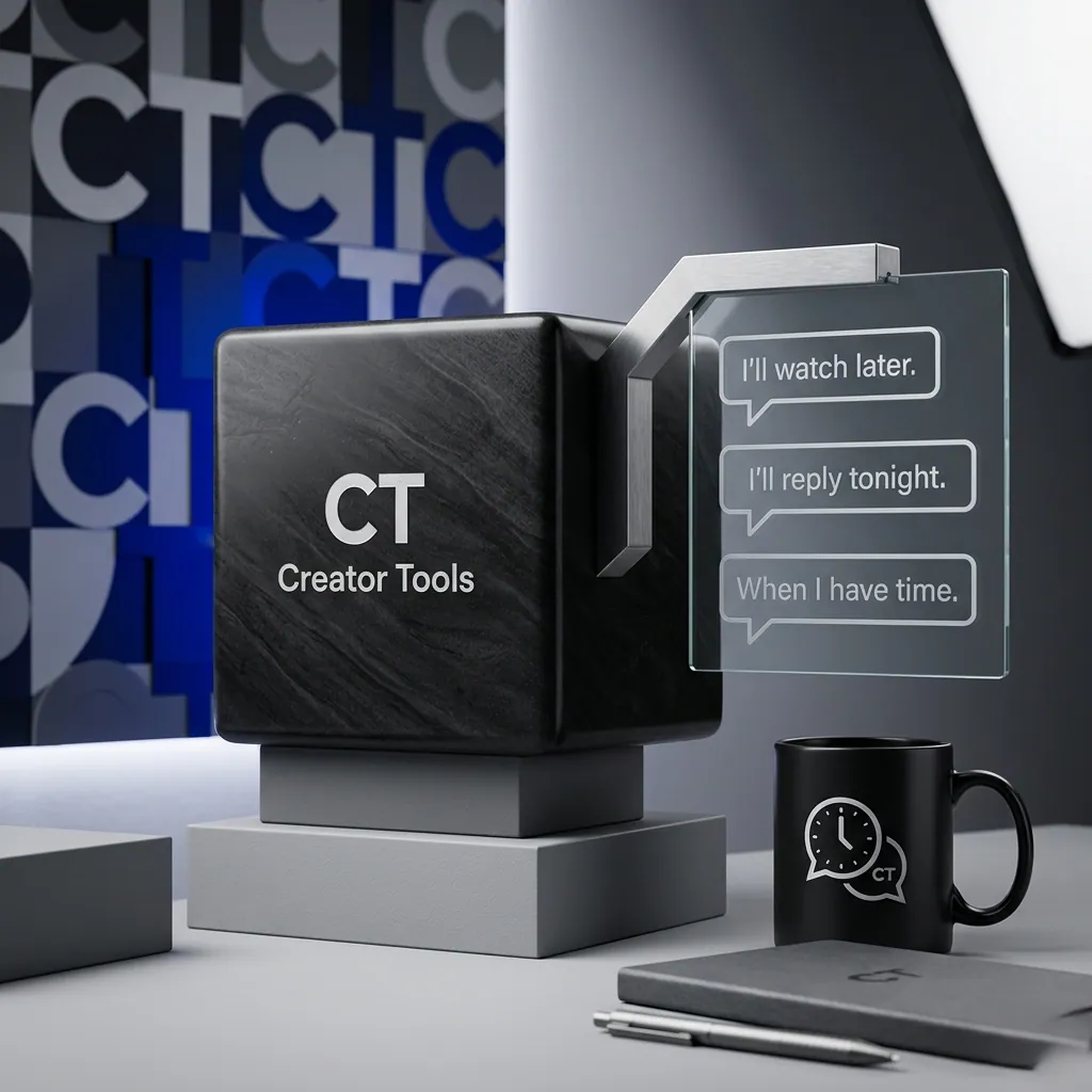 A Creator Tools cube next to speech bubbles with excuses: “I’ll watch later”, “I’ll reply tonight”, “When I have time”
