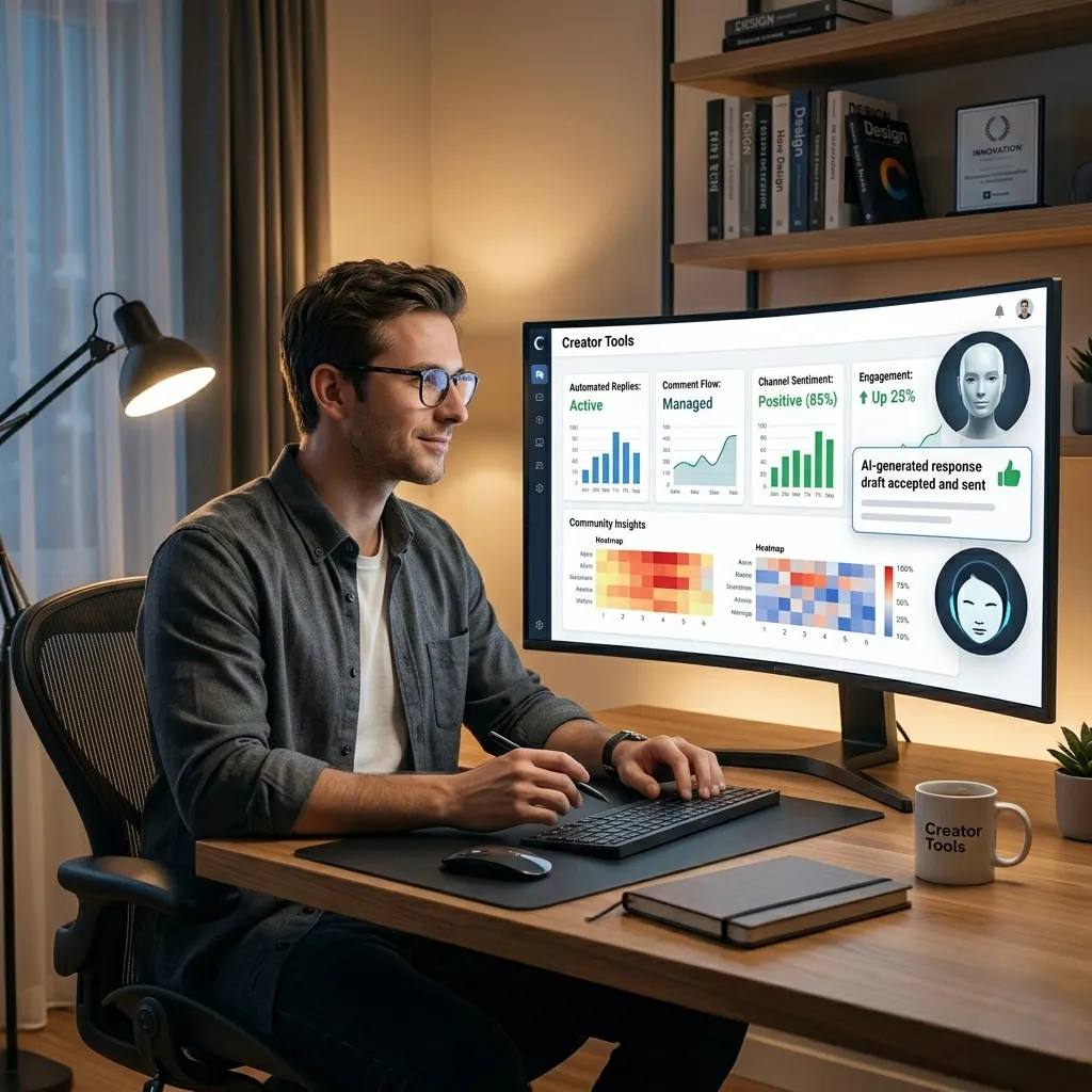 A creator smiling at a Creator Tools dashboard with automated replies, comment flow, sentiment and engagement charts