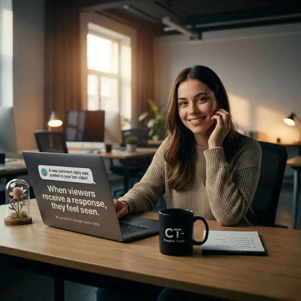 A smiling creator at her laptop with a new reply notification: when viewers receive a response, they feel seen