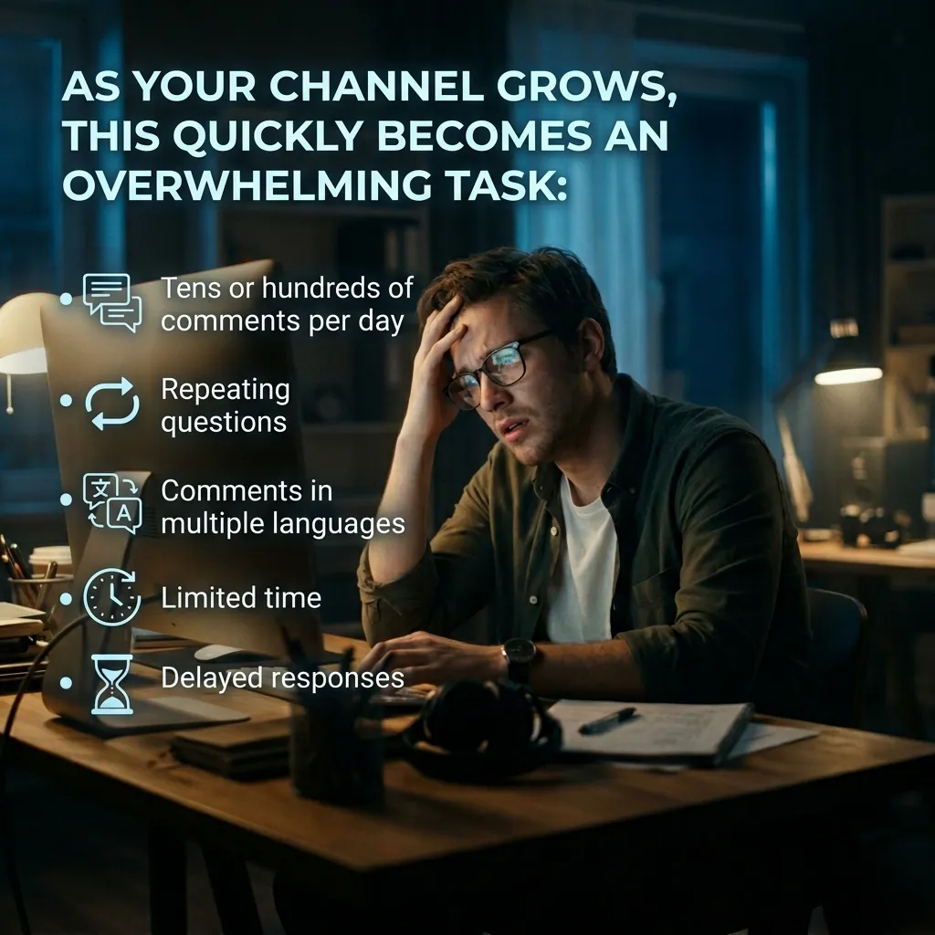 A tired creator at his desk at night; the list reads: tens or hundreds of comments a day, repeated questions, multiple languages, limited time, delayed replies