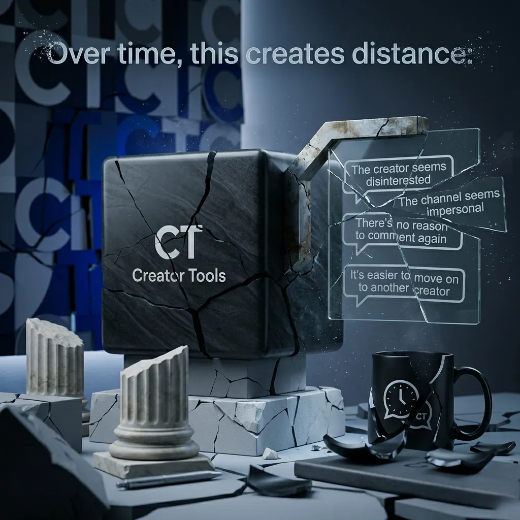 Cracked Creator Tools cube and broken speech bubbles: the creator seems disinterested, the channel impersonal, viewers move on