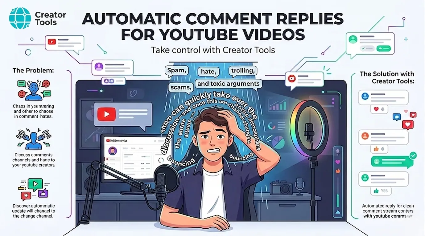 Infografía: un creador estresado rodeado de spam, odio, trolling, estafas y debates tóxicos en los comentarios de YouTube