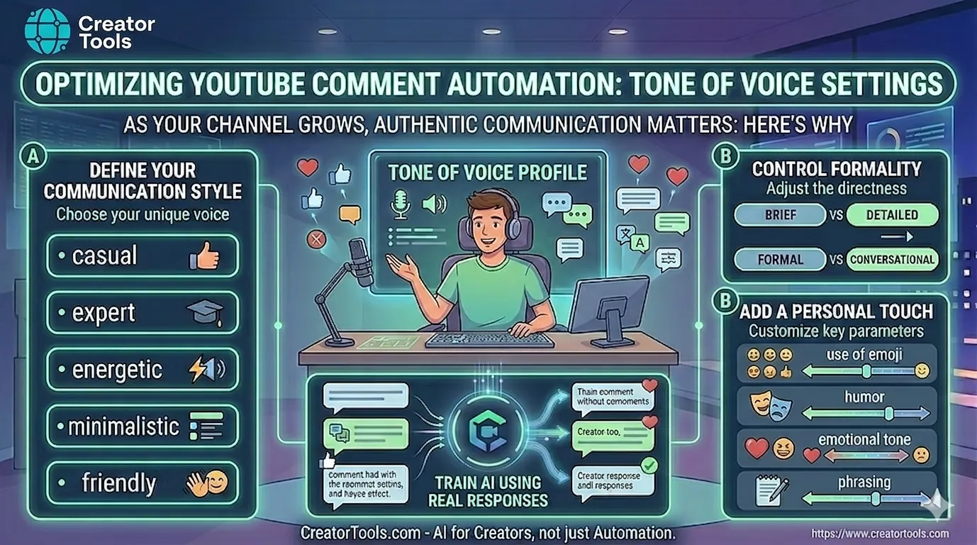 Infografía: ajustes del tono de voz: estilo de comunicación, formalidad, toque personal y entrenamiento de la IA con respuestas reales