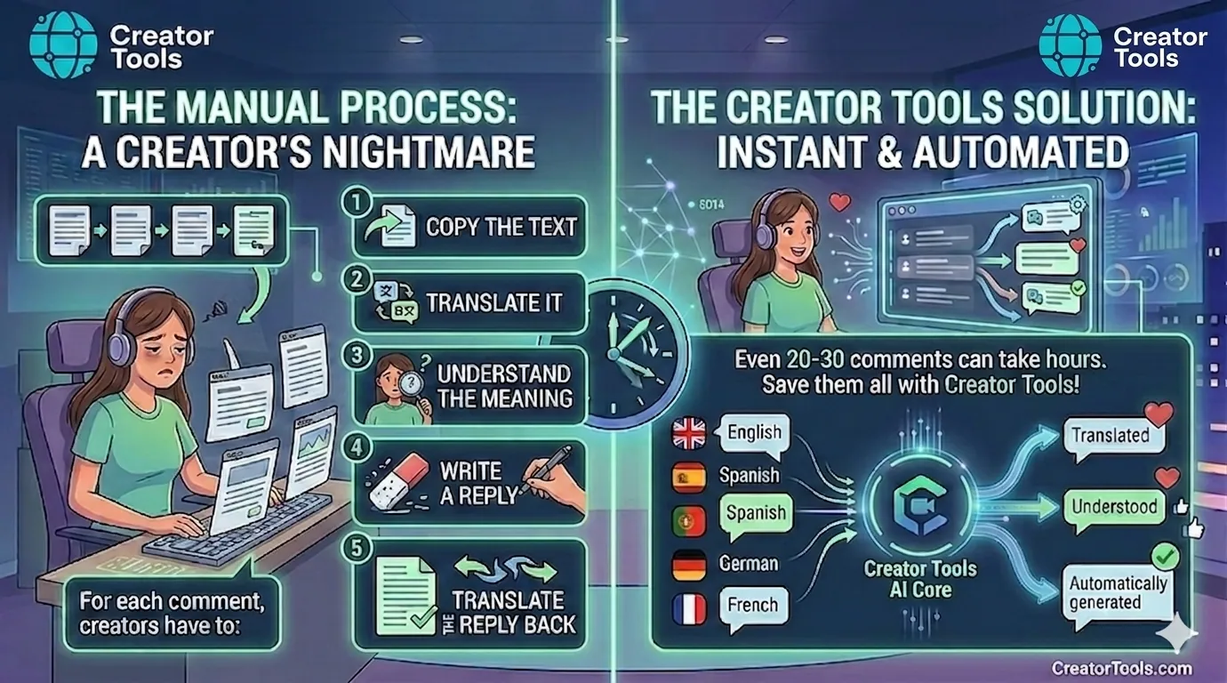 Infografía: los cinco pasos manuales por cada comentario extranjero (copiar, traducir, entender, responder y traducir de vuelta) frente a las respuestas automáticas