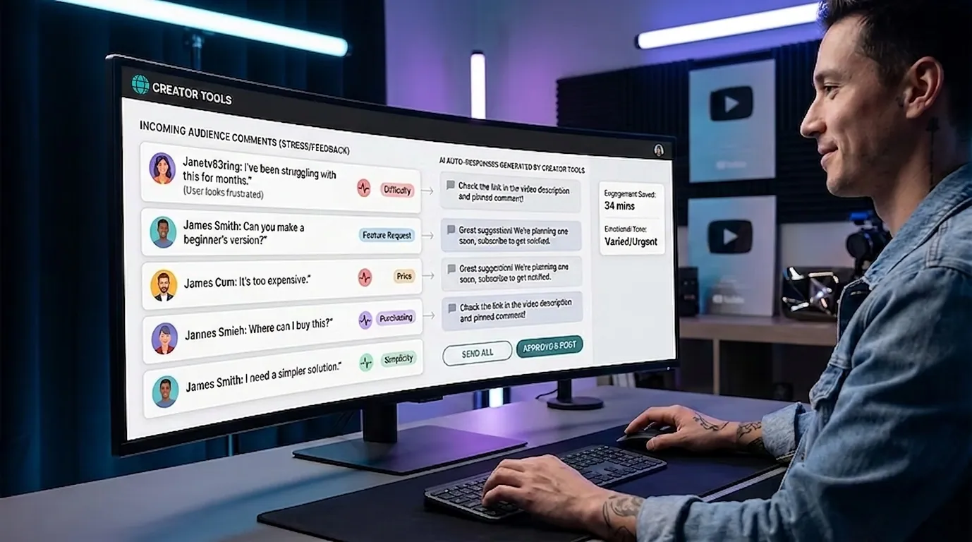A creator reviews incoming comments tagged by type — difficulty, feature request, price, purchase — with suggested AI replies in Creator Tools