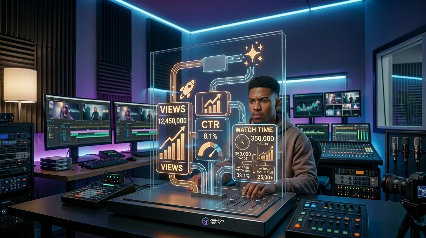 A creator in his studio studies a panel of channel metrics: views, CTR and watch time