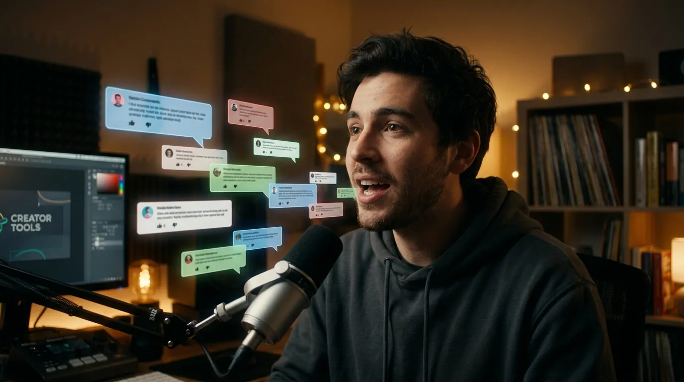 A creator speaking into a microphone surrounded by floating comment bubbles