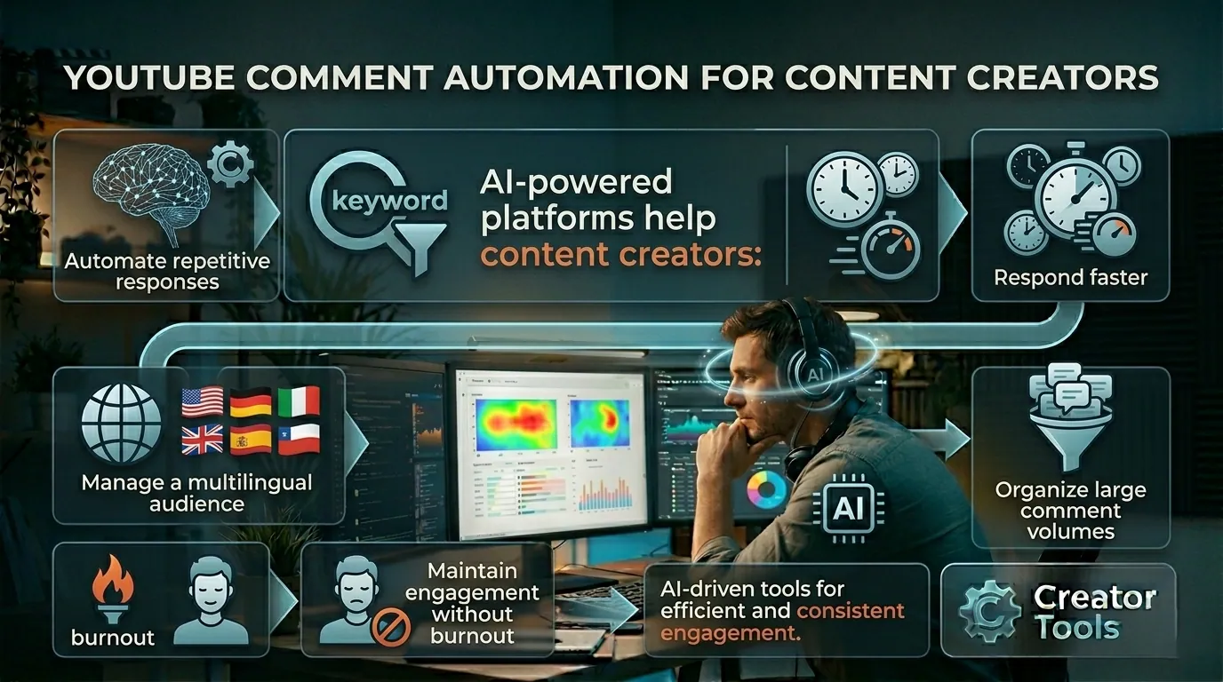 Infografía: las plataformas de IA ayudan a automatizar respuestas, responder más rápido, gestionar una audiencia multilingüe, ordenar los comentarios y evitar el agotamiento