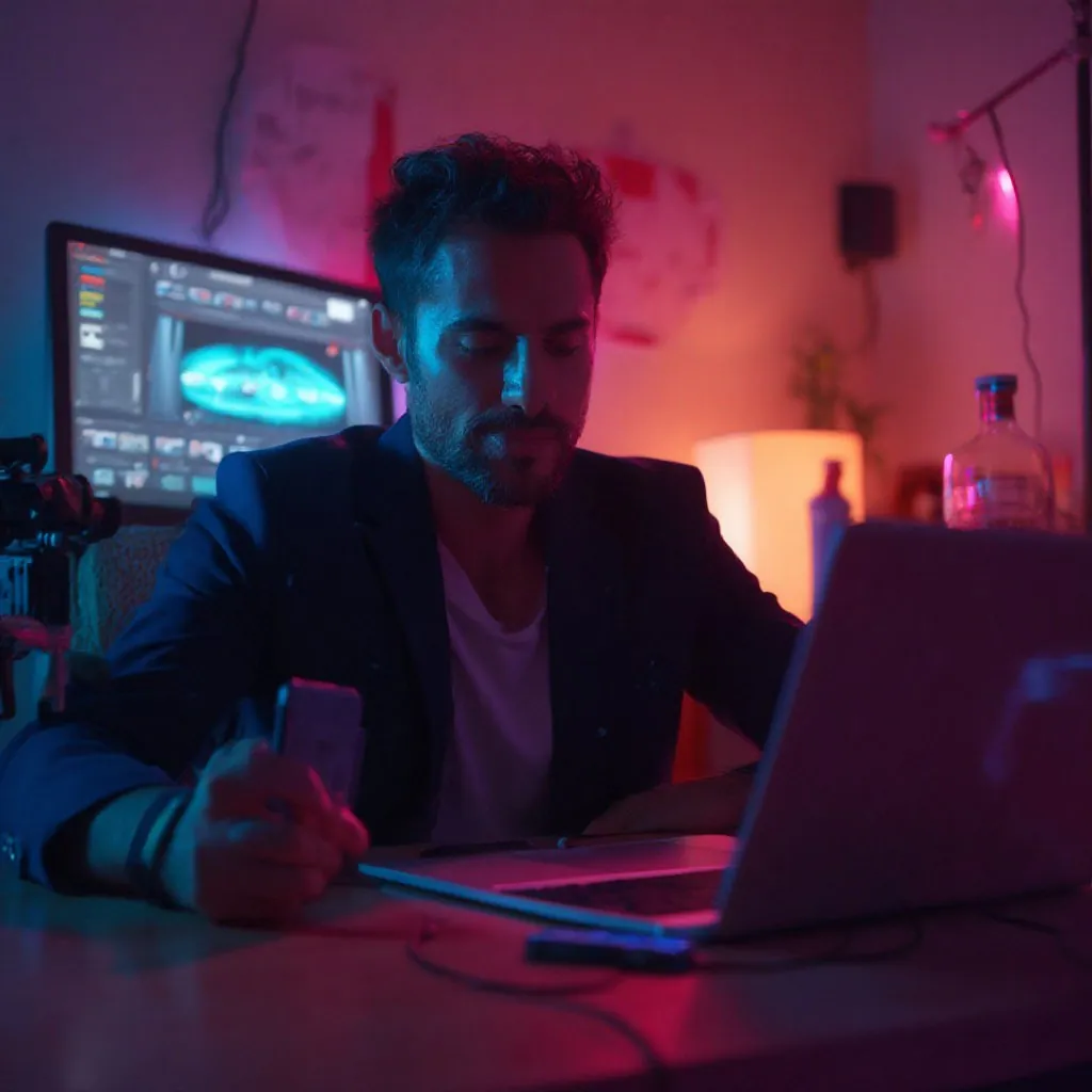 Blogger de tecnología con un teléfono y un portátil frente a una cámara