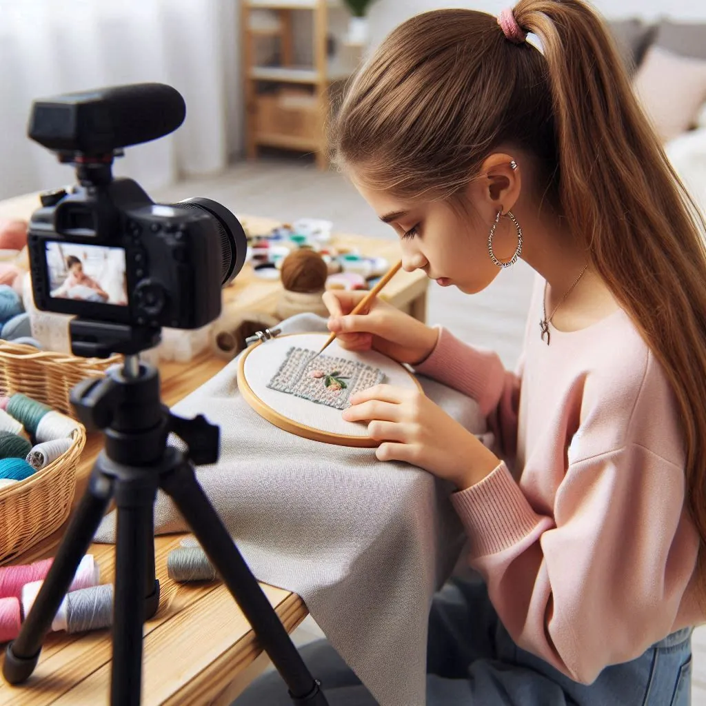 Blogger de bricolaje se graba bordando en su mesa de manualidades