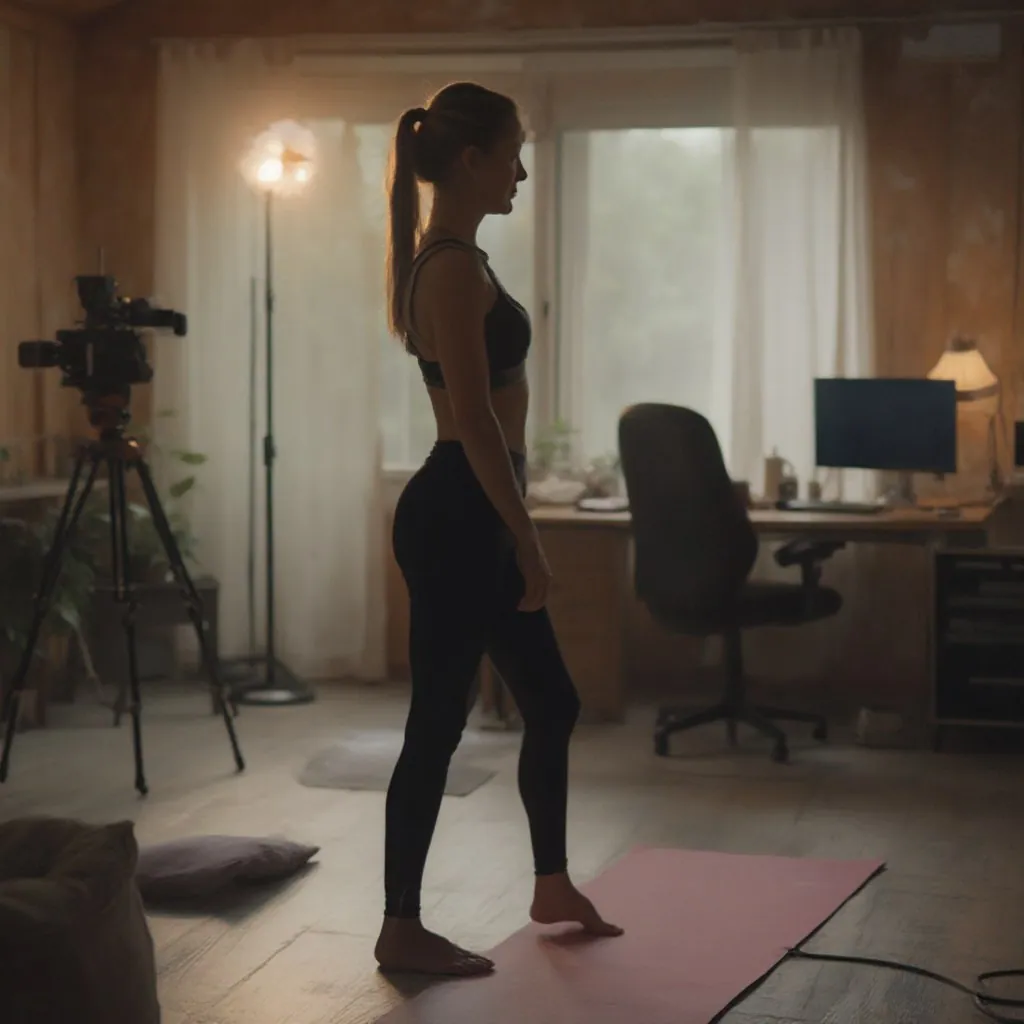 Entrenadora de fitness sobre una esterilla de yoga frente a una cámara en trípode