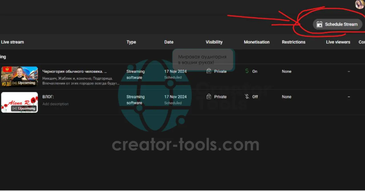 Вкладка Manage в YouTube Studio, обведена кнопка Schedule Stream