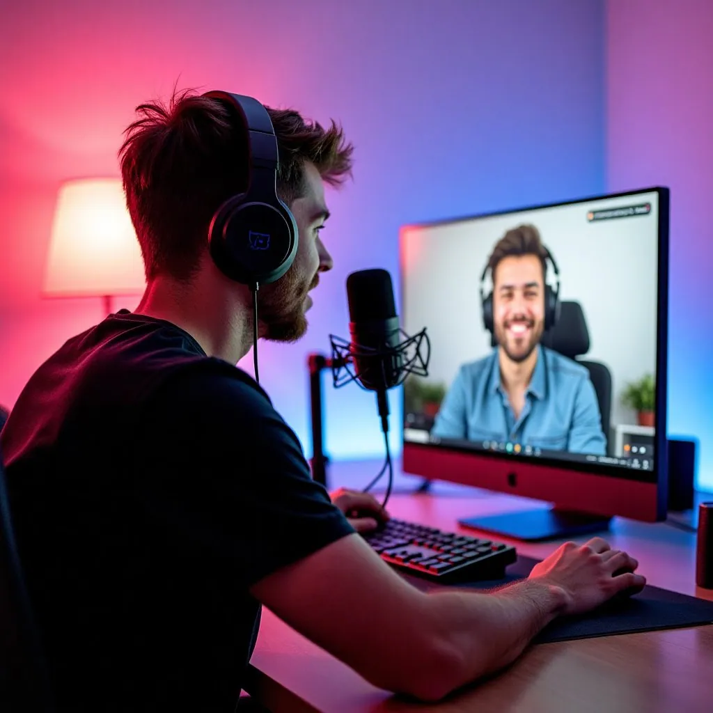 Streamer con auriculares conversando en directo con un espectador sonriente en pantalla