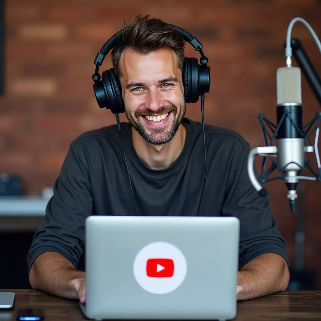 Streamer con auriculares ante un micrófono de estudio y un portátil con el logo de YouTube