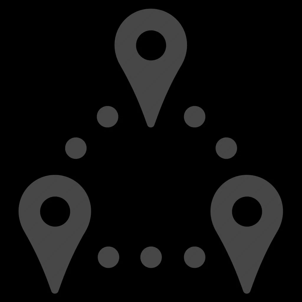 Icono de tres marcadores de mapa unidos en círculo