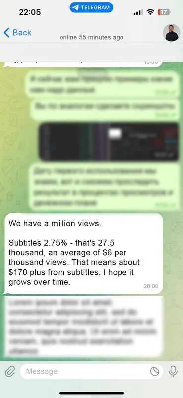 Telegram message from a user: a million views, 2.75% of them from subtitles, about $170 extra at $6 per thousand views
