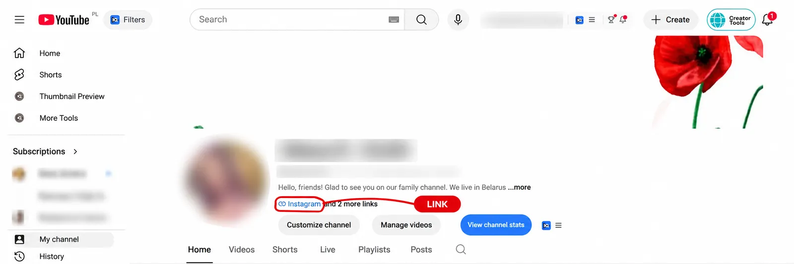 O cabeçalho da página de um canal: banner, avatar, nome, identificador e descrição. É isso que o espectador absorve primeiro quando abre o canal como um todo.