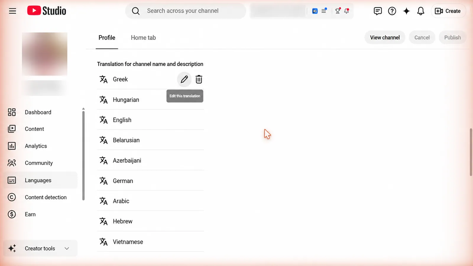 O bloco "Traduções do nome e da descrição do canal": as traduções de cada idioma são adicionadas aqui com o botão "Adicionar idioma".