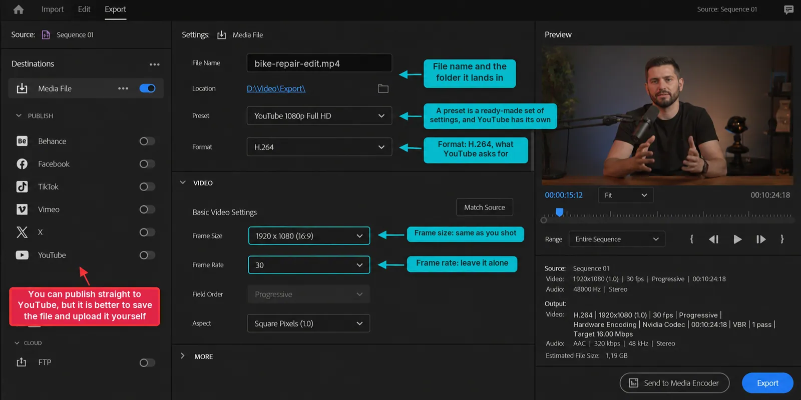 Esboço de referência, não uma captura de tela: nome do arquivo, predefinição, H.264, tamanho do quadro e taxa de quadros na janela de exportação do Adobe Premiere Pro.