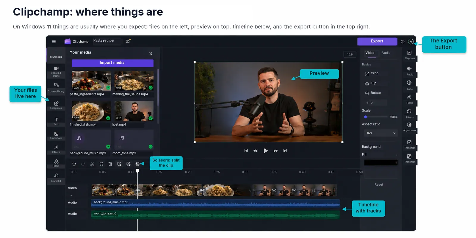 Esboço de referência, não uma captura de tela: as mesmas áreas de trabalho no Clipchamp, em outro layout.