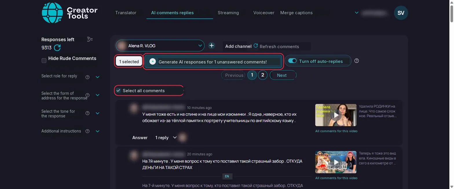 A linha com o botão de gerar e a chave das respostas automáticas. Rótulos traduzidos; os comentários embaixo são os reais do canal.