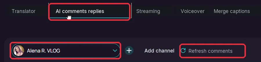 A barra superior com a seção Respostas de IA a comentários e o seletor de canal. Rótulos traduzidos da tela em russo usando a interface real em inglês; o layout é idêntico.