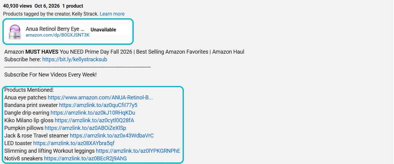 At the top, a product tagged with YouTube Shopping. Below it, affiliate links that pay the creator a commission on each sale.