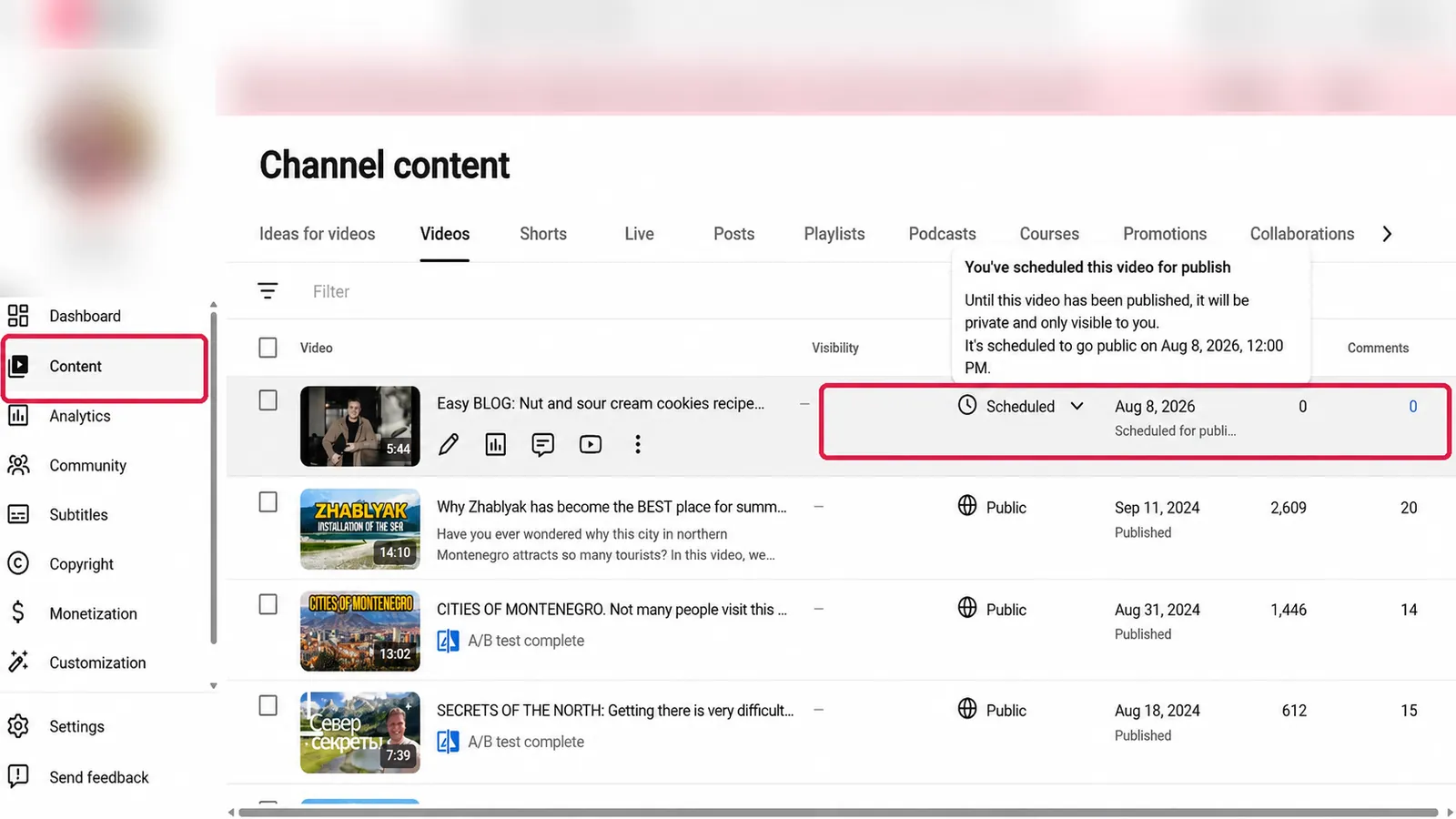 É aqui que ficam todos os vídeos do canal, inclusive os rascunhos.