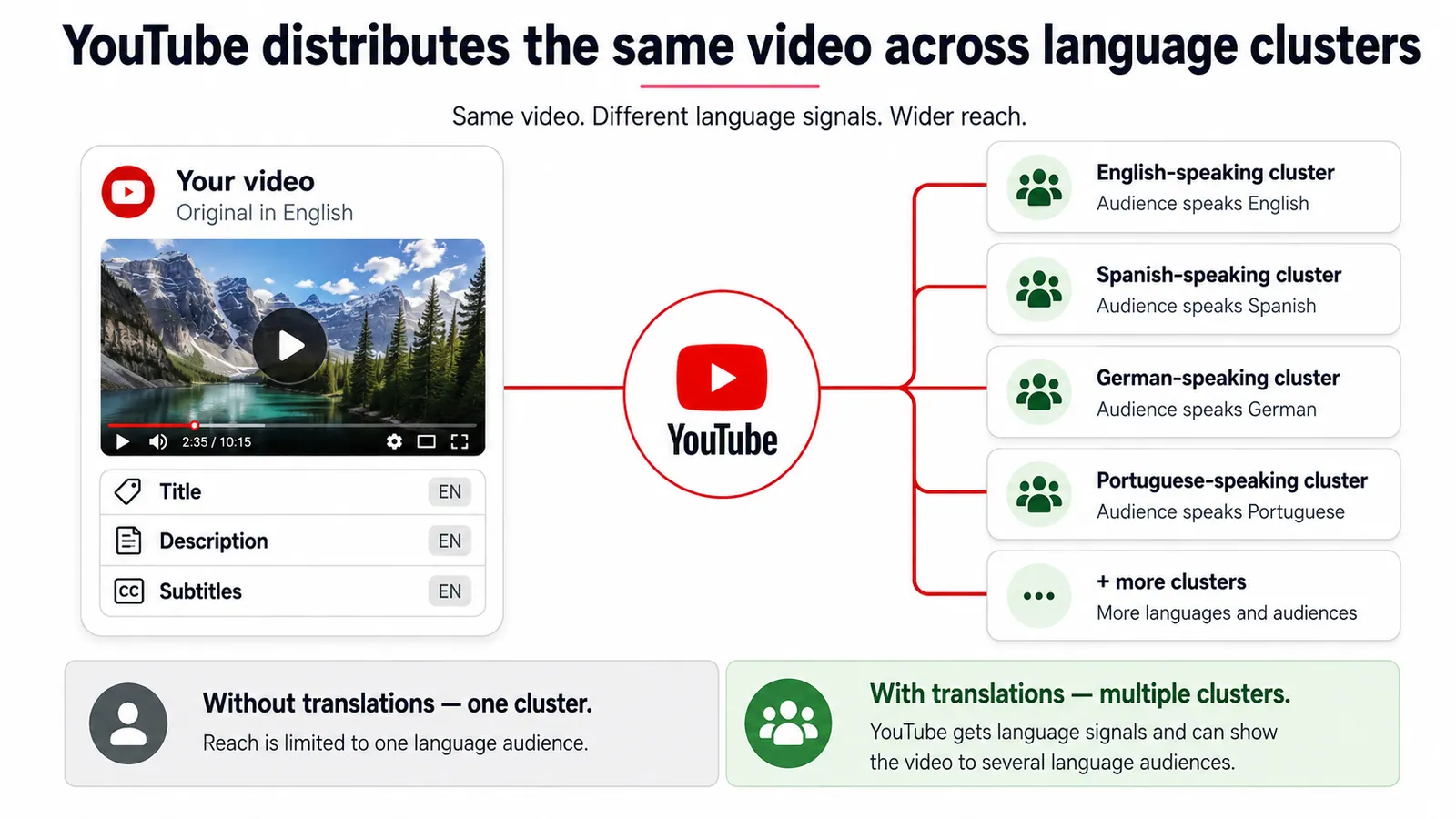 Sem traduções — um único grupo de idioma. Com traduções, o YouTube recebe sinais de idioma e entrega o vídeo a vários públicos ao mesmo tempo.